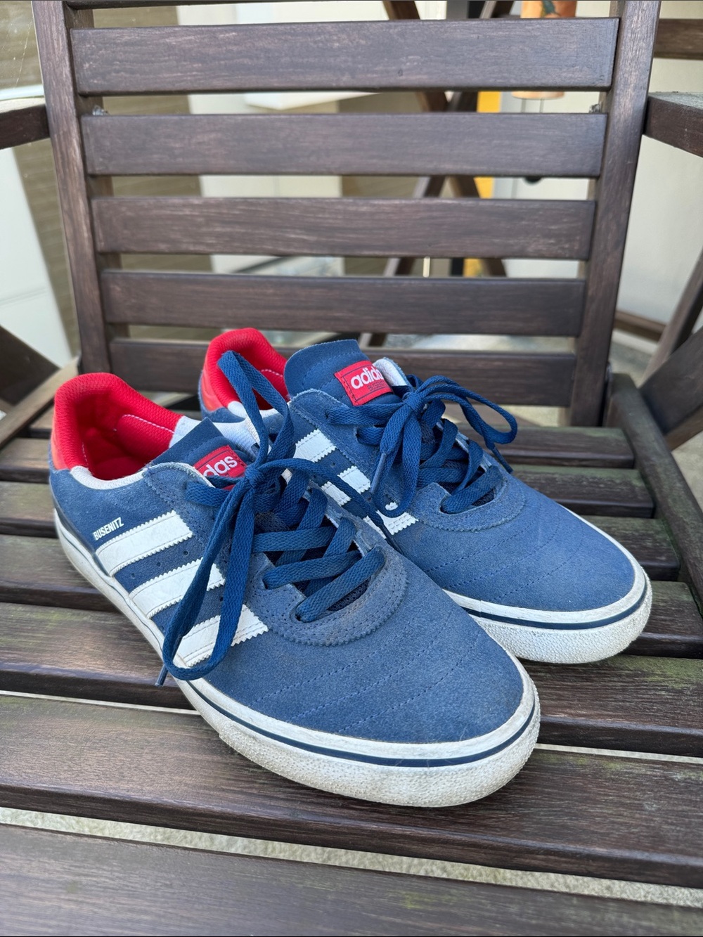 adidas Busenitz Blue Suede Skate Sneakers with White Stripes and Red Lining